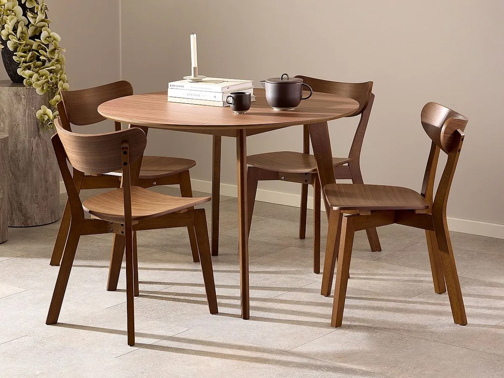 Zestaw jadalniany Lumo – stół okrągły z 4 krzesłami, kolor orzech włoski lakierowany