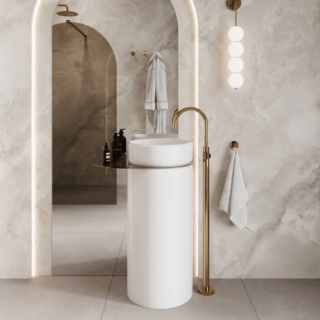 Umywalka z konglomeratu wolnostojąca okrągła z półką szklaną 85 x 40 cm RONA bez przelewu | Różne kolory półki : Kolor szkła - Brązowy, Kolor umywalki RONA - Biały matowy, Podłączenie syfonu - Do ściany, Półka - Szklana