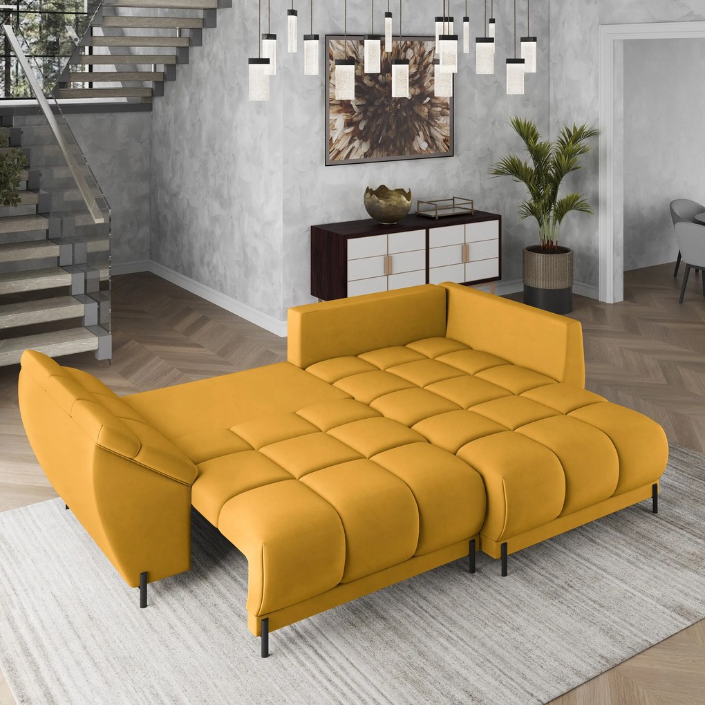 Masseno Narożnik VESTANO  z funkcją spania i pojemnikiem na pościel Narozniki L, Rozkładana sofa - Żółty, MATT VELVET 48