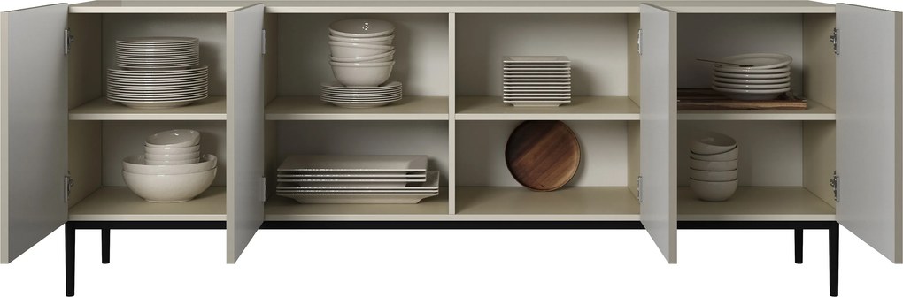 Komoda Nicole 200 cm czterodrzwiowa z ryflowanym frontem - kaszmir / czarne nóżki