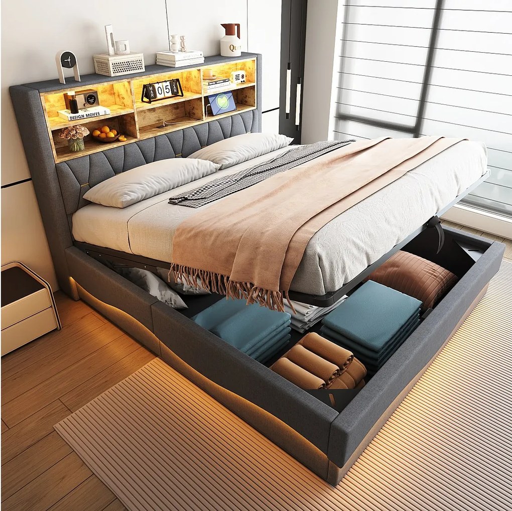 Łóżko tapicerowane ze schowkiem - 180 x 200 cm - schowek hydrauliczny - z diodami LED + USB - Len + Metal + Sklejka + MDF - szare