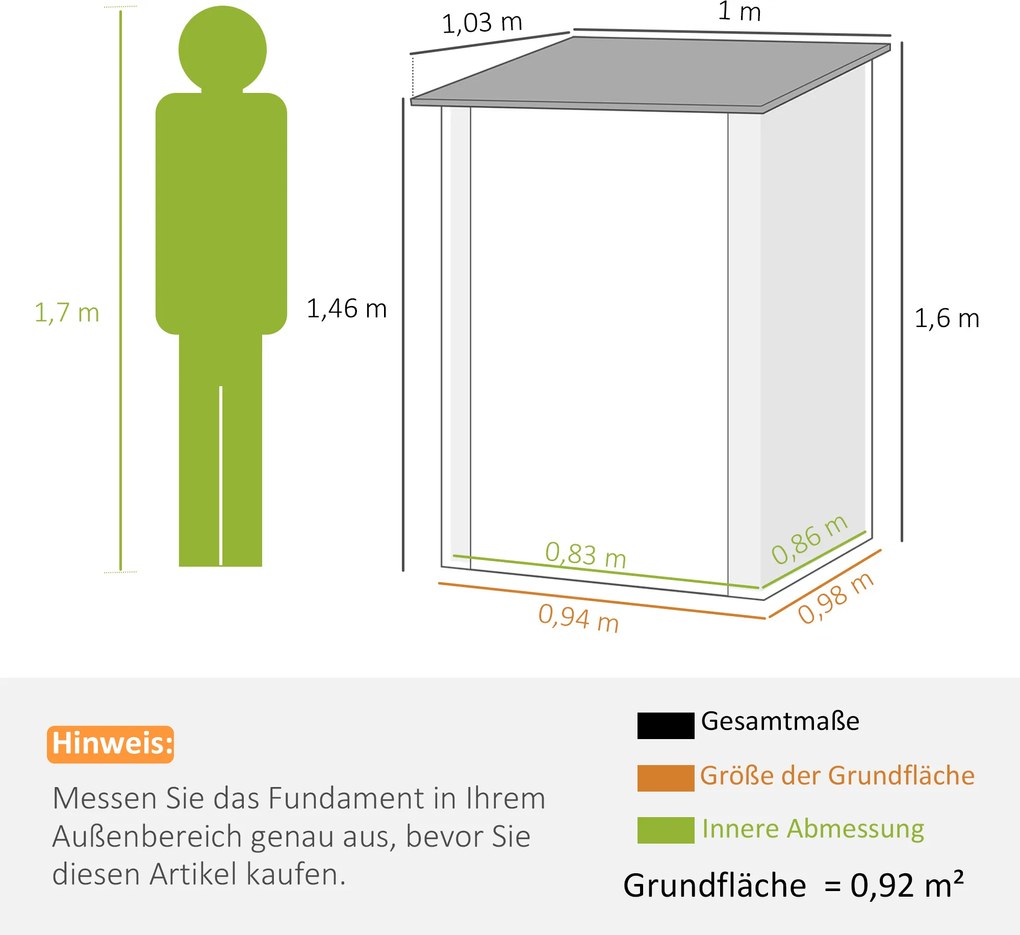 Outsunny Domek narzędziowy metalowy, szopa ogrodowa z dachem jednospadowym, zamykane drzwi, na zewnątrz, 100x103x160 cm, zielony