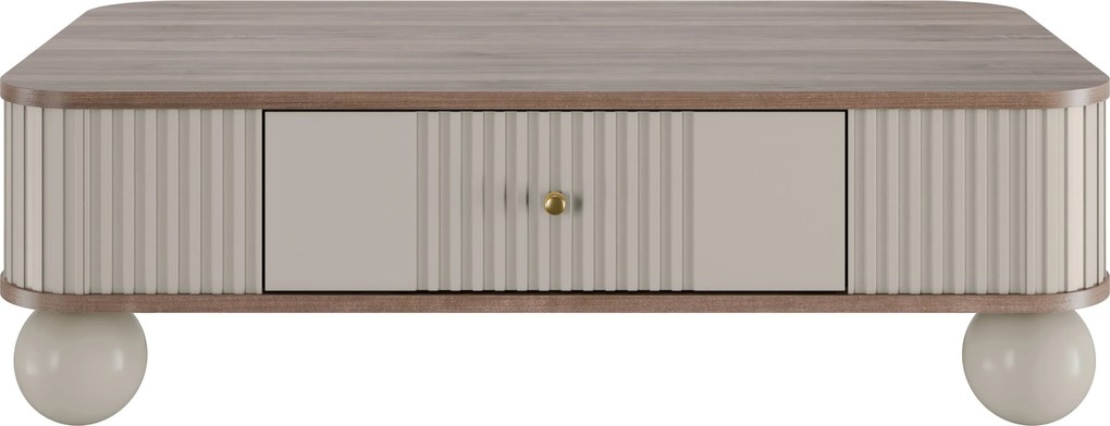 Stolik kawowy Vesper 103x60 cm z szufladą - kaszmir / orzech / złote uchwyty / nogi kule