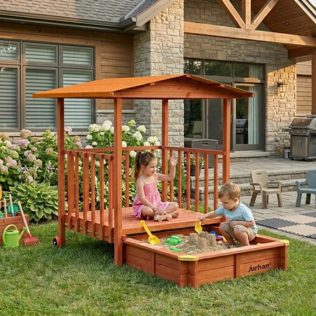 Piaskownica z werandą SUNNY, 130x130x143cm, brązowa/pomarańczowa Jurhan
