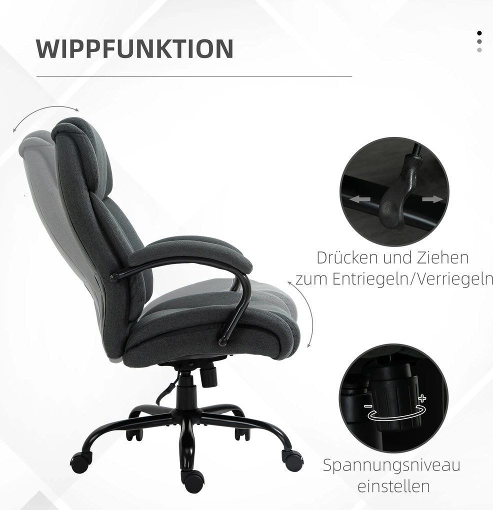 Vinsetto Fotel biurowy, Ergonomiczny fotel biurowy, Fotel obrotowy z wyściełanym podłokietnikiem, do 220 kg, Szary