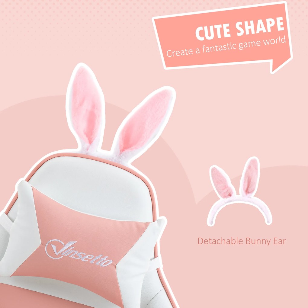 Vinsetto Gamingowy Fotel Ergonomiczny z Podparciem Lędźwiowym, Podnóżkiem i Zabawnymi Uszami Królika, Poduszką, Różowy