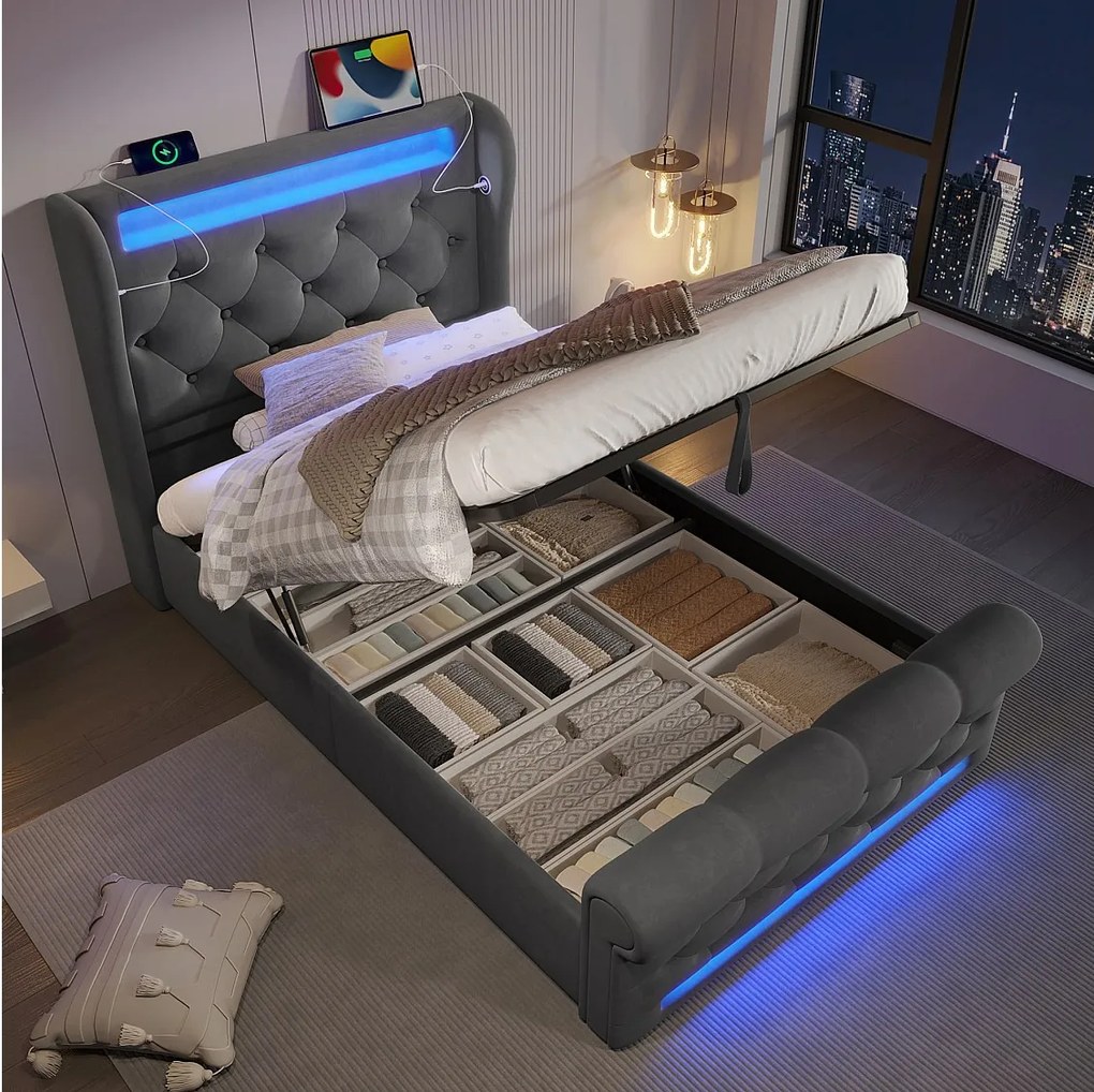 Łóżko z pojemnikiem 90x200 cm, szary aksamit, łóżko pojedyncze z oświetleniem LED i portem USB – materac nie jest wliczony w cenę