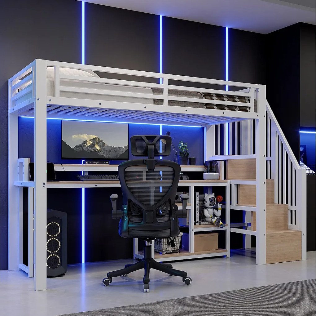 Metalowe łóżko piętrowe 90 x 200 cm z półkami, oświetleniem LED i portami USB i typu C – metal + płyta MDF – białe (materac nie jest dołączony)