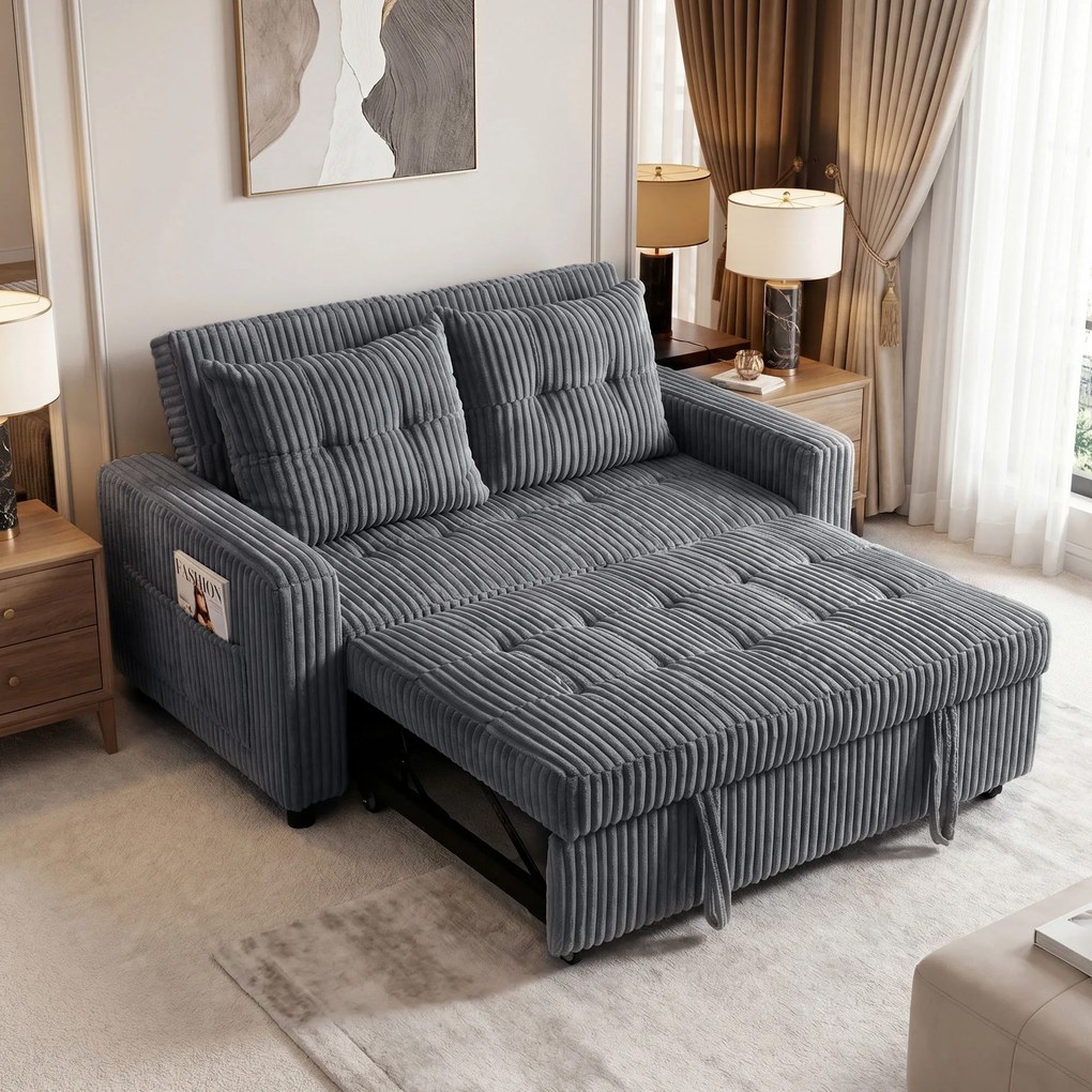 HOMCOM Sofa-łóżko 2-osobowa, pokrycie ze sztruksu, przekształcalna w sofę rozkładaną, 2 poduszki, kieszenie boczne, 157 x 190 cm, ciemnoszara | Aosom PL