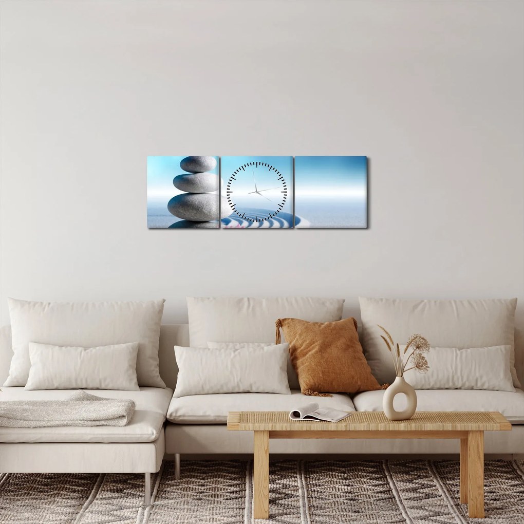 Obraz piasku, lilii i kamieni spa (z zegarem) (90x30 cm)