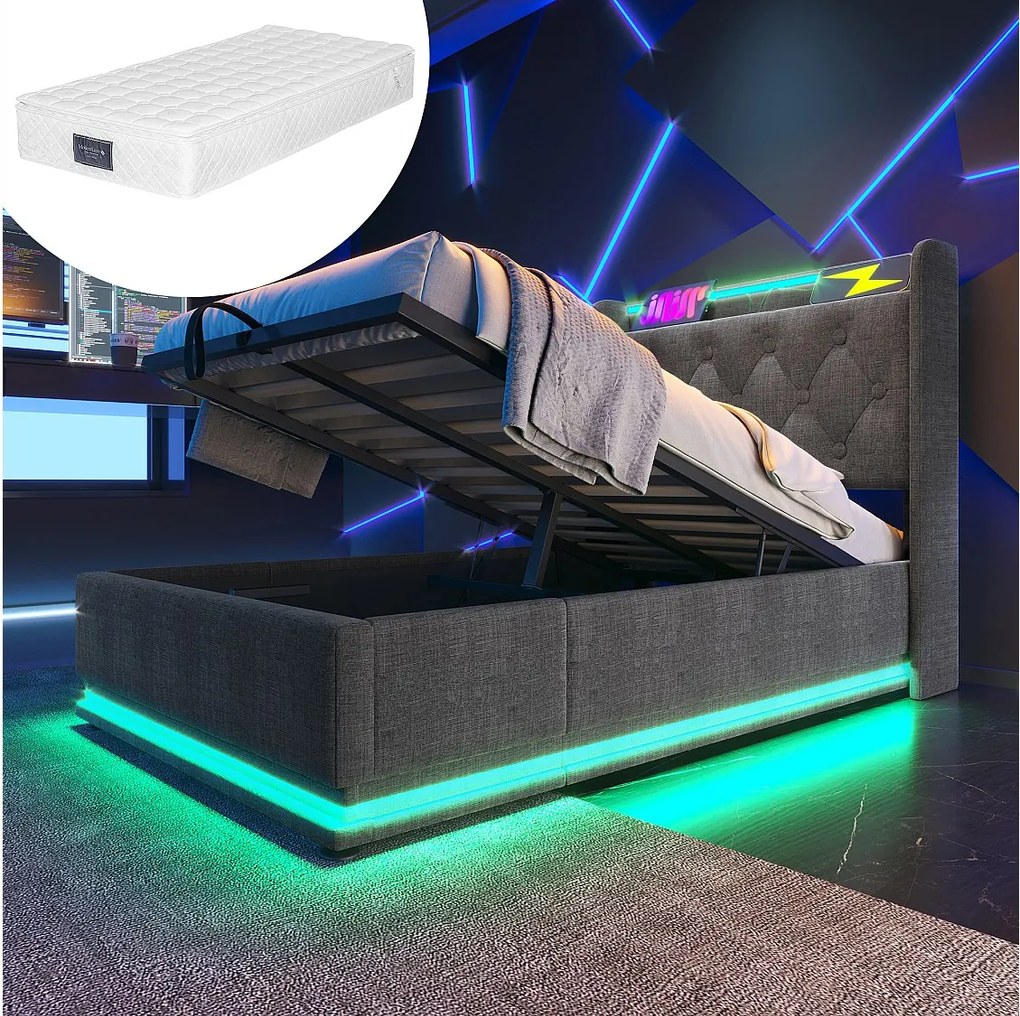 Łóżko z pojemnikiem 90x200 cm - z oświetleniem LED, zagłówkiem, USB/Typ-C, półkami, stelażem - szary len - materac w cenie