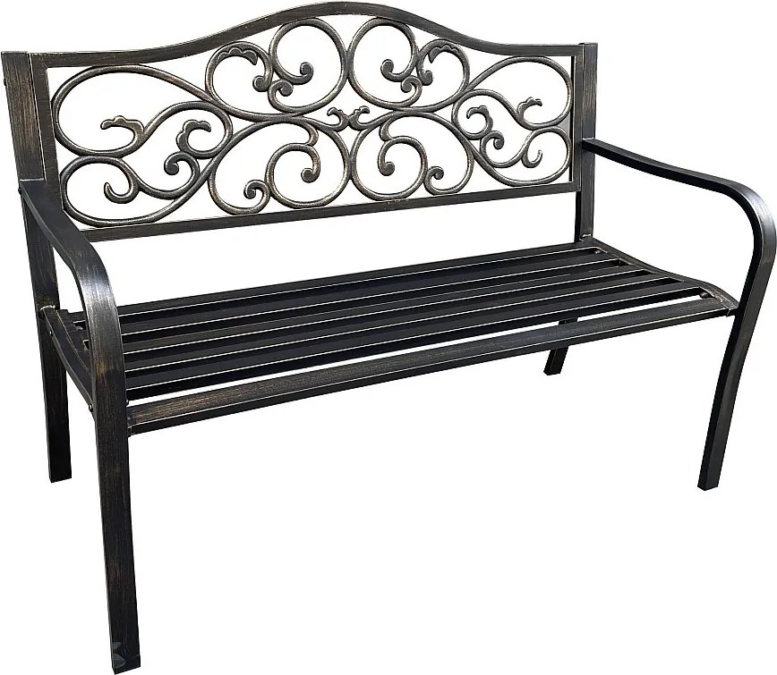 Brązowa ławka ogrodowa IRGA ze stalowymi nogami i żeliwnym oparciem szerokość 127 cm