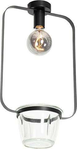 Nowoczesna lampa sufitowa czarna ze szklanym prostokątnym kloszem - Roslini