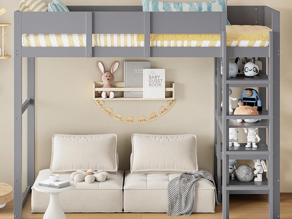 Łóżko mezzanine 90 x 200 cm - z drabiną - z półkami do przechowywania - drewno lite - z stelażem na materac - szare (materac nie jest w zestawie)