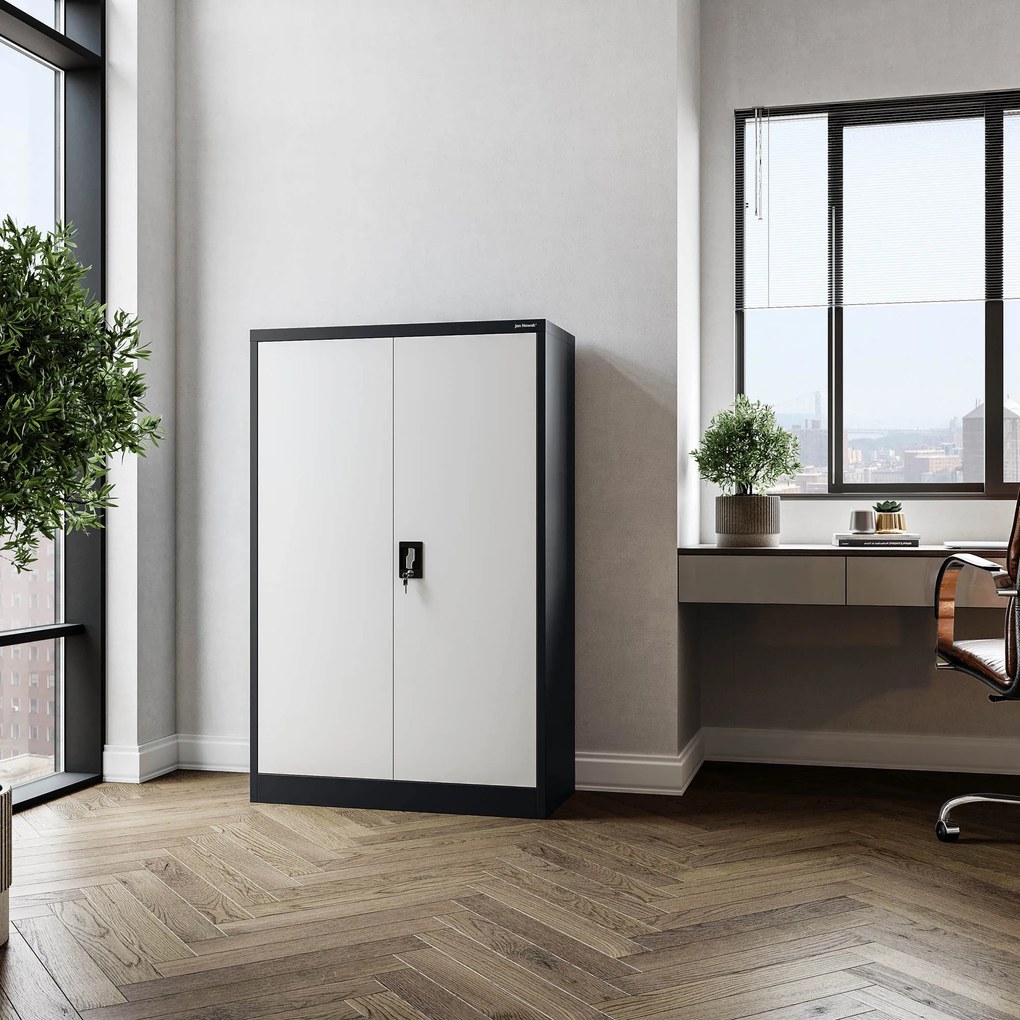 Biurowa szafa metalowa na akta KEVIN, 900 x 1400 x 400 mm, antracytowo-biała