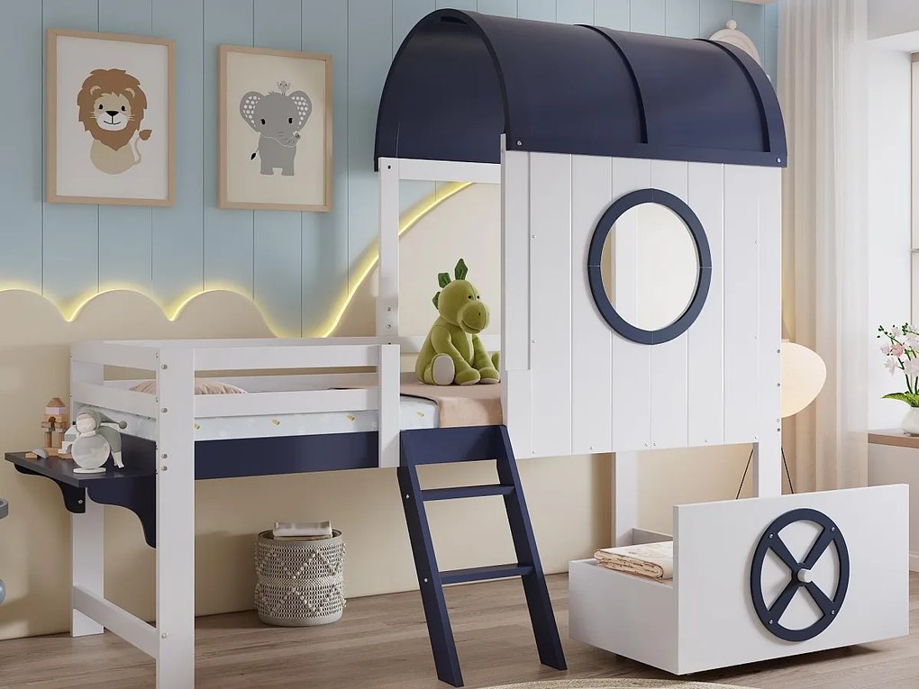 Łóżko piętrowe 90×200 cm - z 1 szufladą - z daszkiem i barierką - drabina 2-stopniowa - lite drewno + MDF - biały + ciemnoniebieski