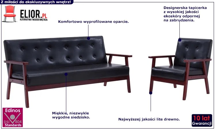 Czarny zestaw wypoczynkowy tapicerowany ekoskórą - Garner 4S