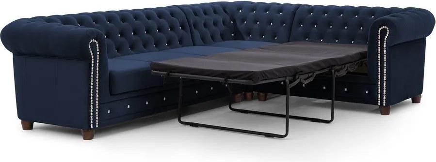 Niebieski aksamitny rozkładany narożnik (prawostronny/w kształcie litery L) York Blik – Ropez