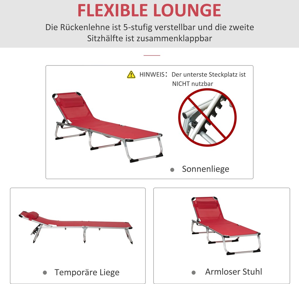 Outsunny Składany leżak, czerwony, 170 x 60 x 76 cm