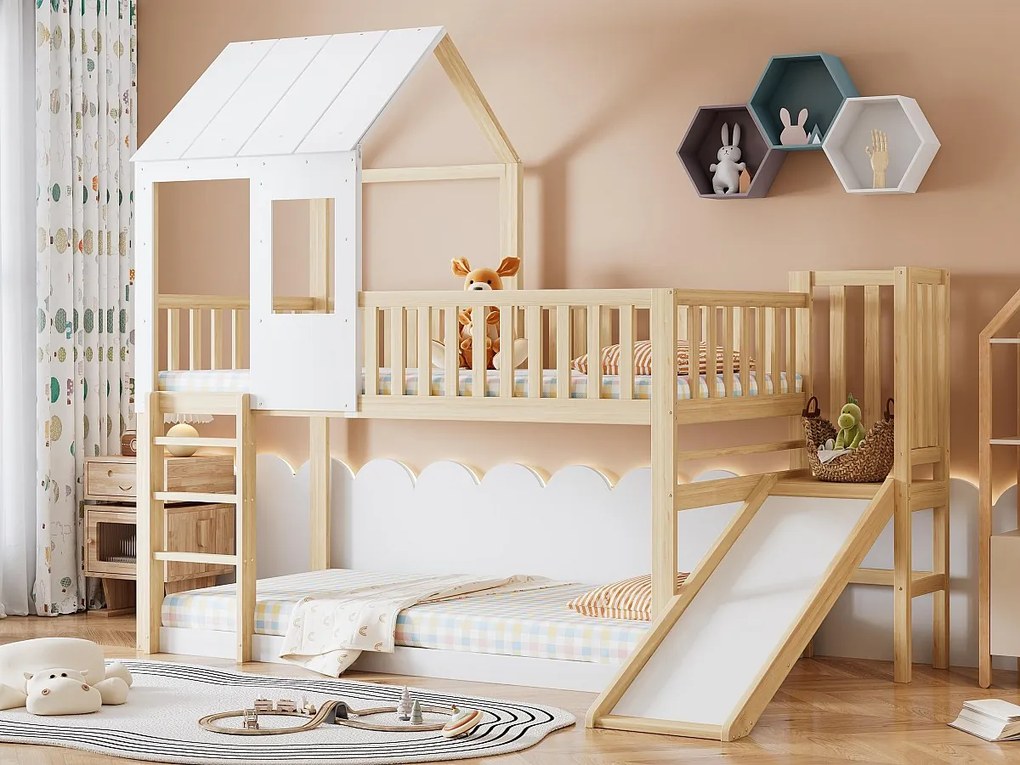 Łóżko piętrowe 90x200cm z litego drewna - z drabinką i zjeżdżalnią - stelaże na listwach - naturalne