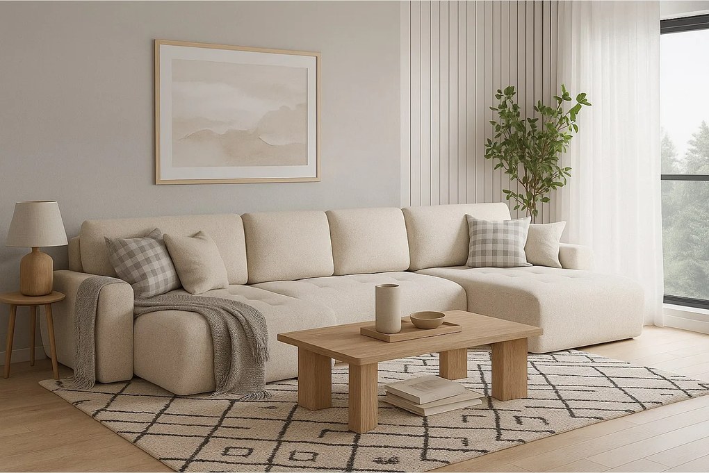 Stylowy narożnik rozkładany IVO U XL  387x150 cm w tkaninie LAMBI 9 kości słoniowej