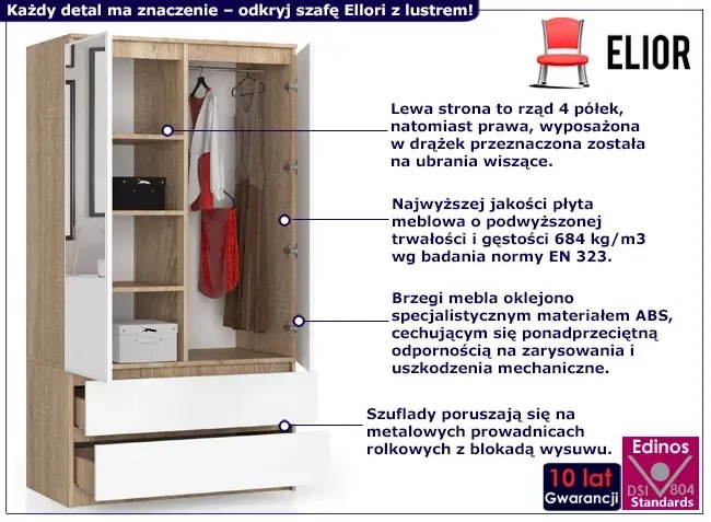 Szafa ubraniowa z drążkiem i półkami dąb sonoma + biały Elexio 2X