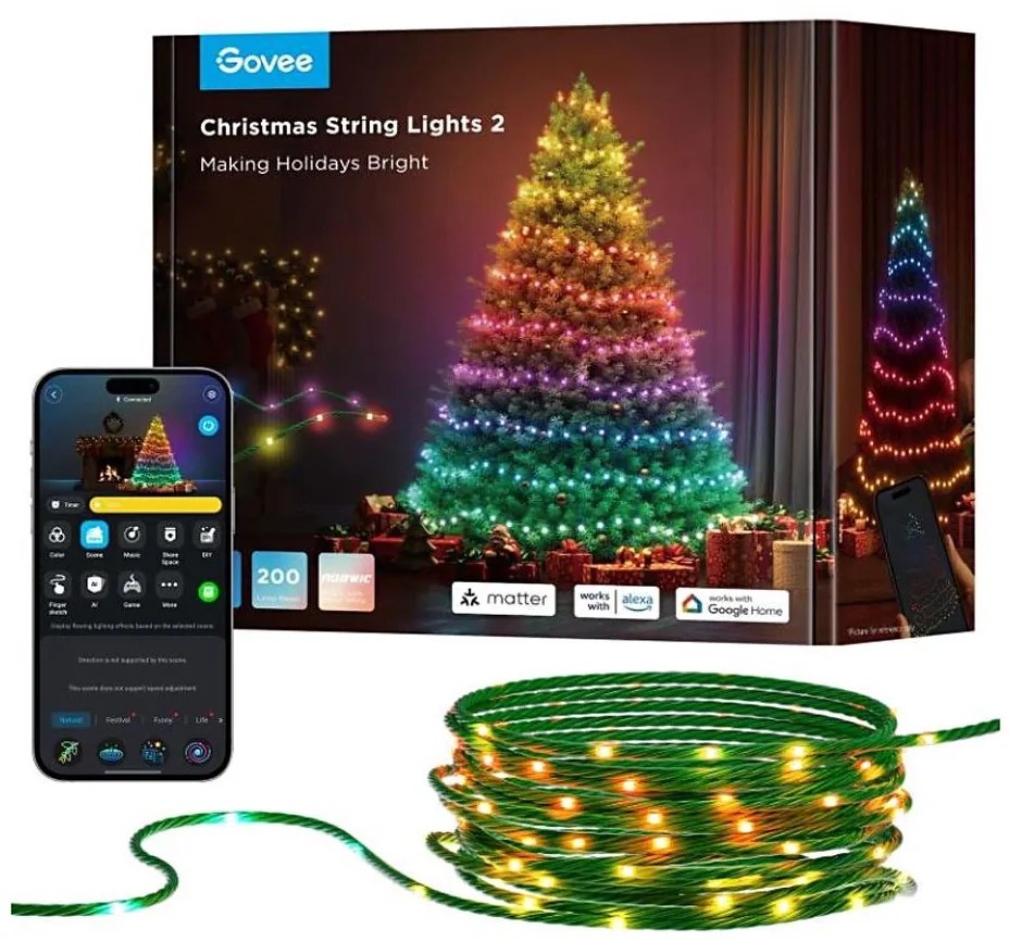 Govee - LED RGBICW Zewnętrzny łańcuch świąteczny 2700-6500K 20m Wi-Fi Matter IP66