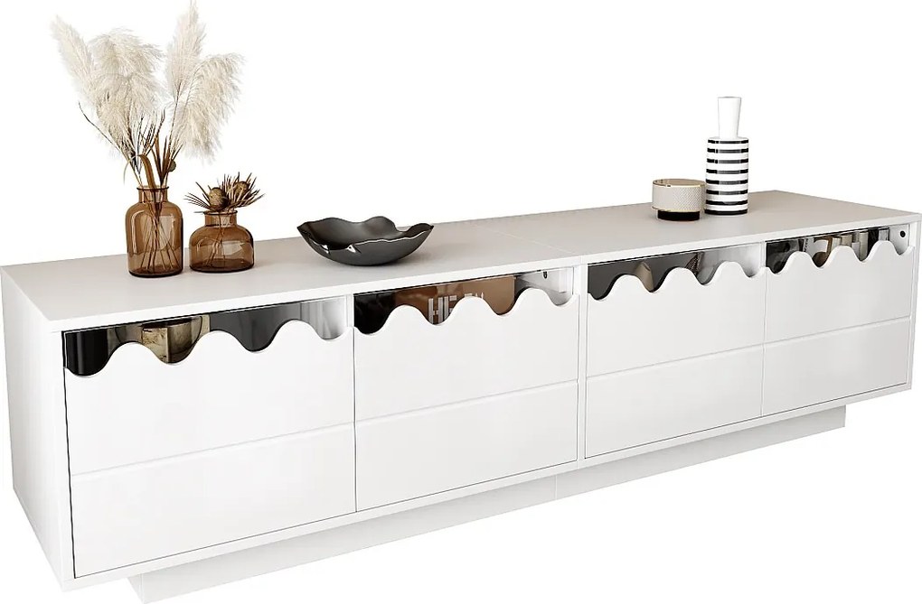 Nowoczesna szafka RTV z 4 drzwiami i falistym wzorem - 170 x 40 x 45 cm - stylowa przestrzeń do przechowywania w salonie - MDF + płyta wiórowa - biała