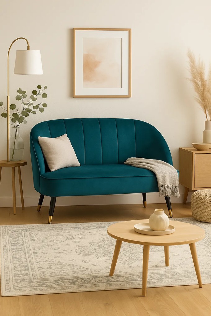 Mała sofa dwuosobowa NAOVA, aksamitne obicie, drewniane nóżki