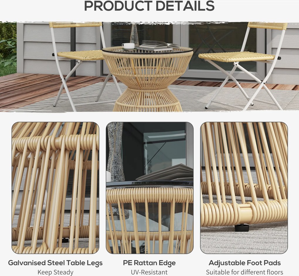 Outsunny Stolik boczny z rattanu Ø60 cm z hartowanym szklanym blatem Styl boho do ogrodu i balkonu Drewno naturalne | Aosom PL