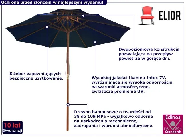 Niebieski parasol ogrodowy z drewnianym słupkiem - Baldar