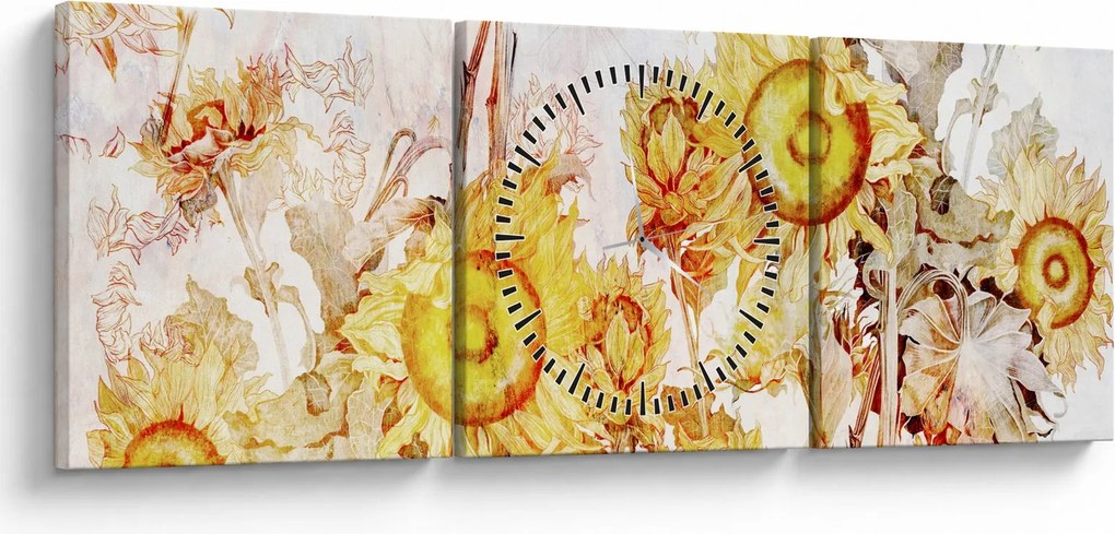 Obraz - Słoneczniki, malarstwo (z zegarem) (90x30 cm)