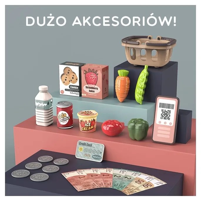 Woopie kasa sklepowa dla dzieci skaner waga mikrofon + 25 akc.