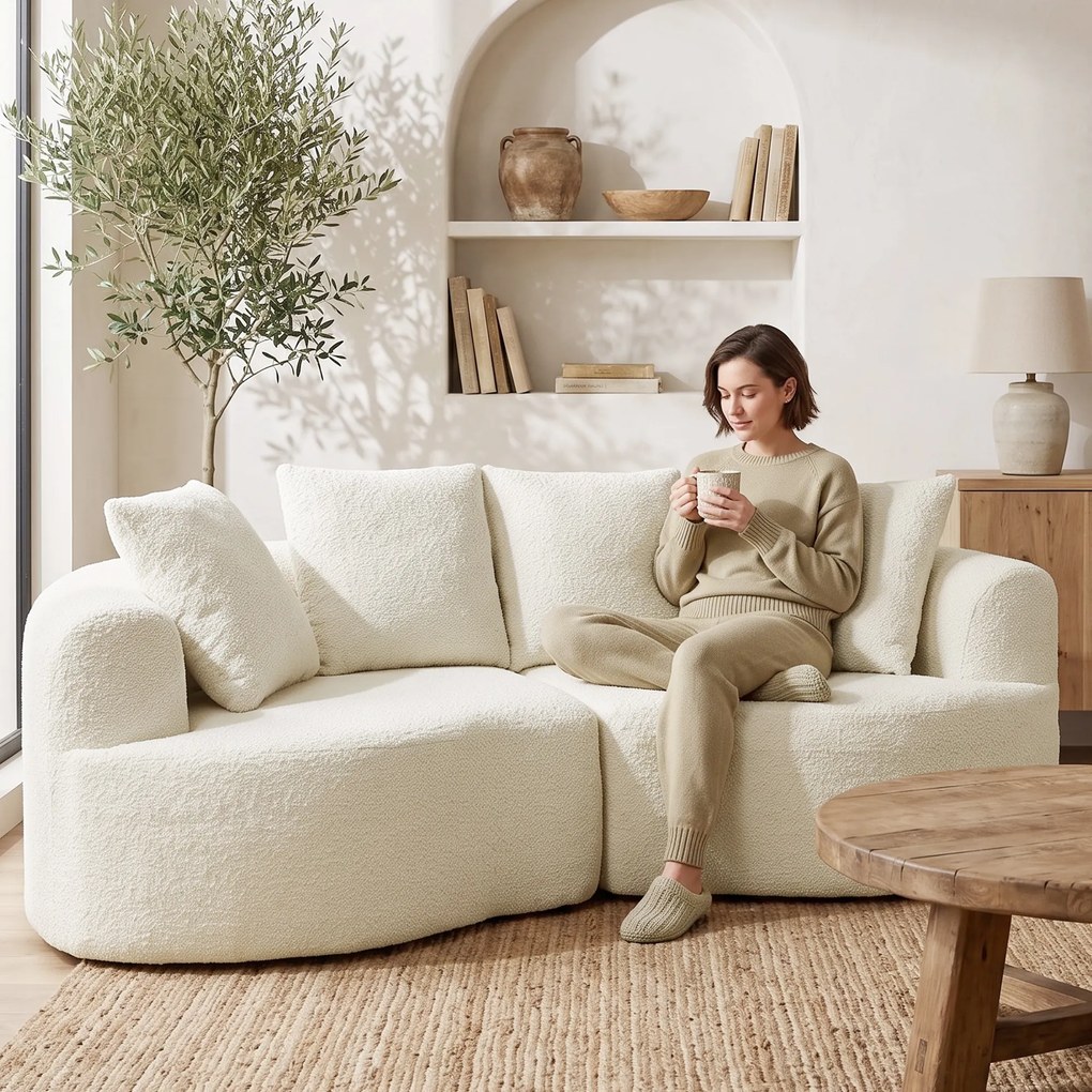 HOMCOM Sofa 3-osobowa 207 cm Cloud Sofa z efektem chenille, 4 poduszki dekoracyjne do sypialni, montaż bez narzędzi, kremowo-biała | Aosom PL