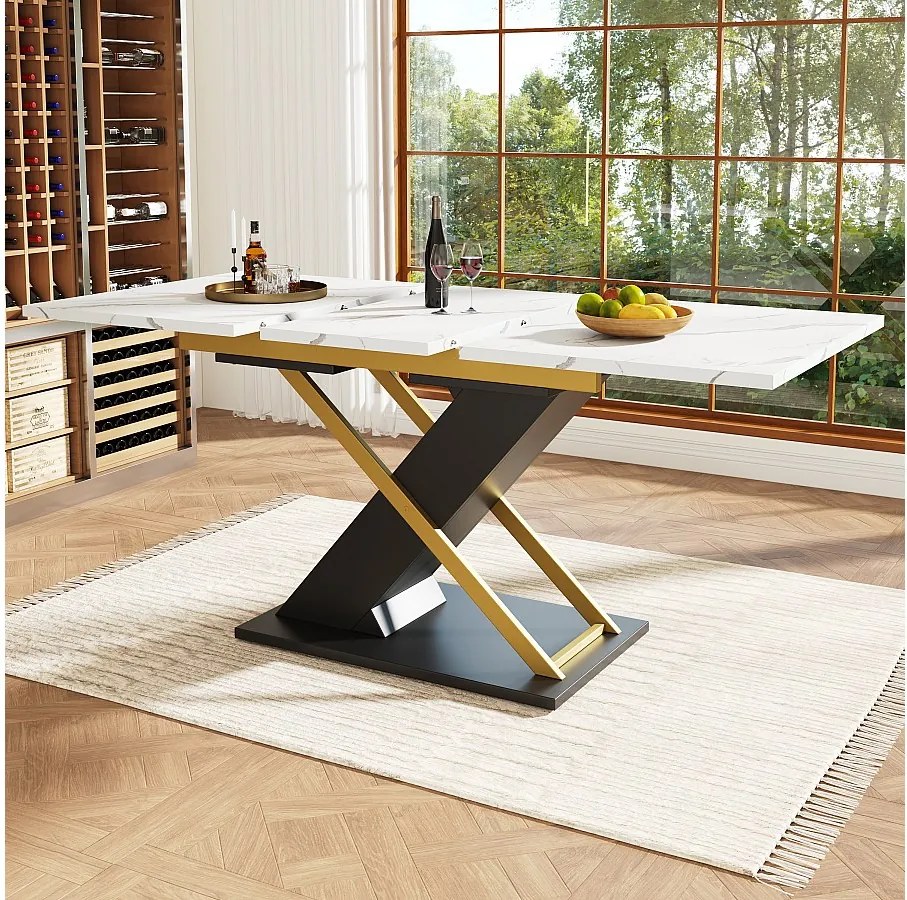 Rozkładany stół jadalny dla 4-6 osób - 120/160 x 80 x 75,4 cm - MDF + skrzyżowane nogi metalowe - Biały + czarny