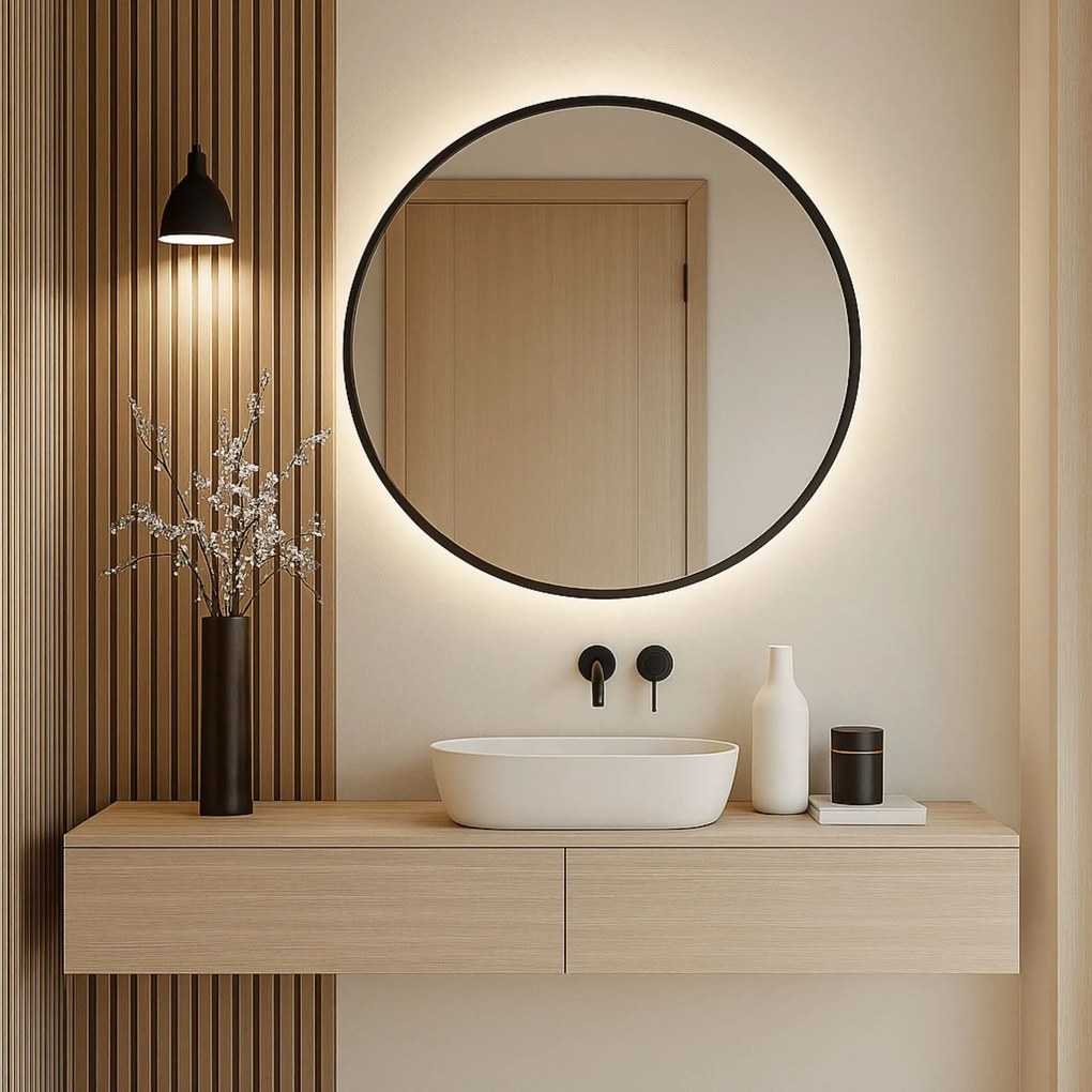 Lustro okrągłe podświetlane w czarnej ramie mat VALO Slim LED Black | Różne rozmiary : Średnica - 60 cm