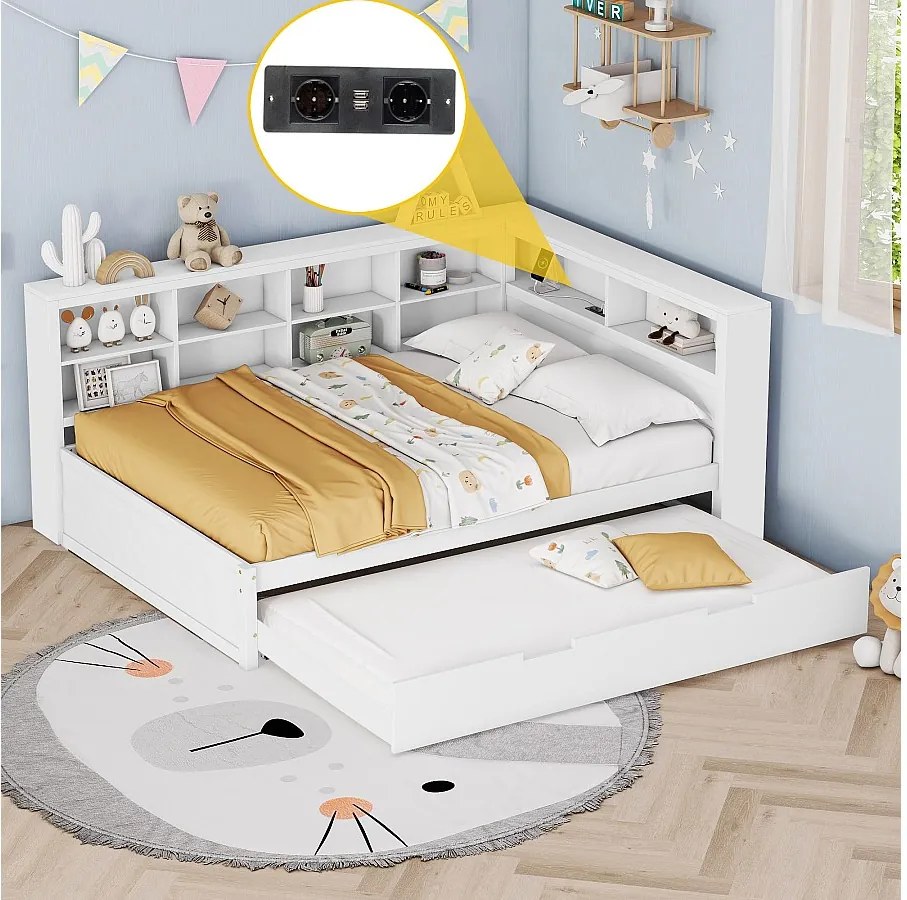 Łóżko dla dorosłych 140 x 200 cm – z portem USB i otwartą przestrzenią do przechowywania – białe – materac nie jest wliczony w cenę