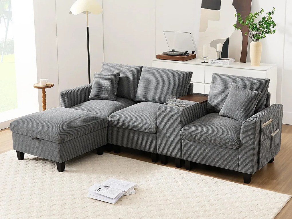 Nowoczesna kanapa - z konsolą - 2 uchwyty na kubki - port ładowania USB - kieszenie magazynowe w podłokietnikach - z poduszkami - szary