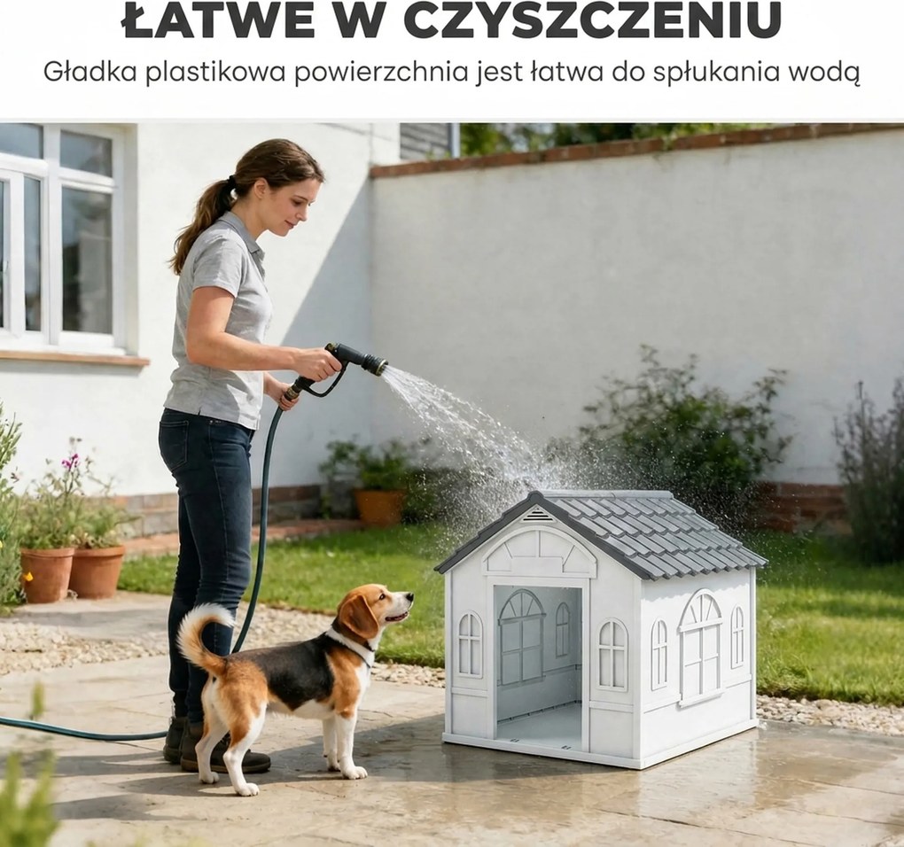 PawHut Buda dla psa z dachem dwuspadowym, odporna na warunki atmosferyczne, z tworzywa sztucznego, 65 x 75,7 x 63 cm, Szary