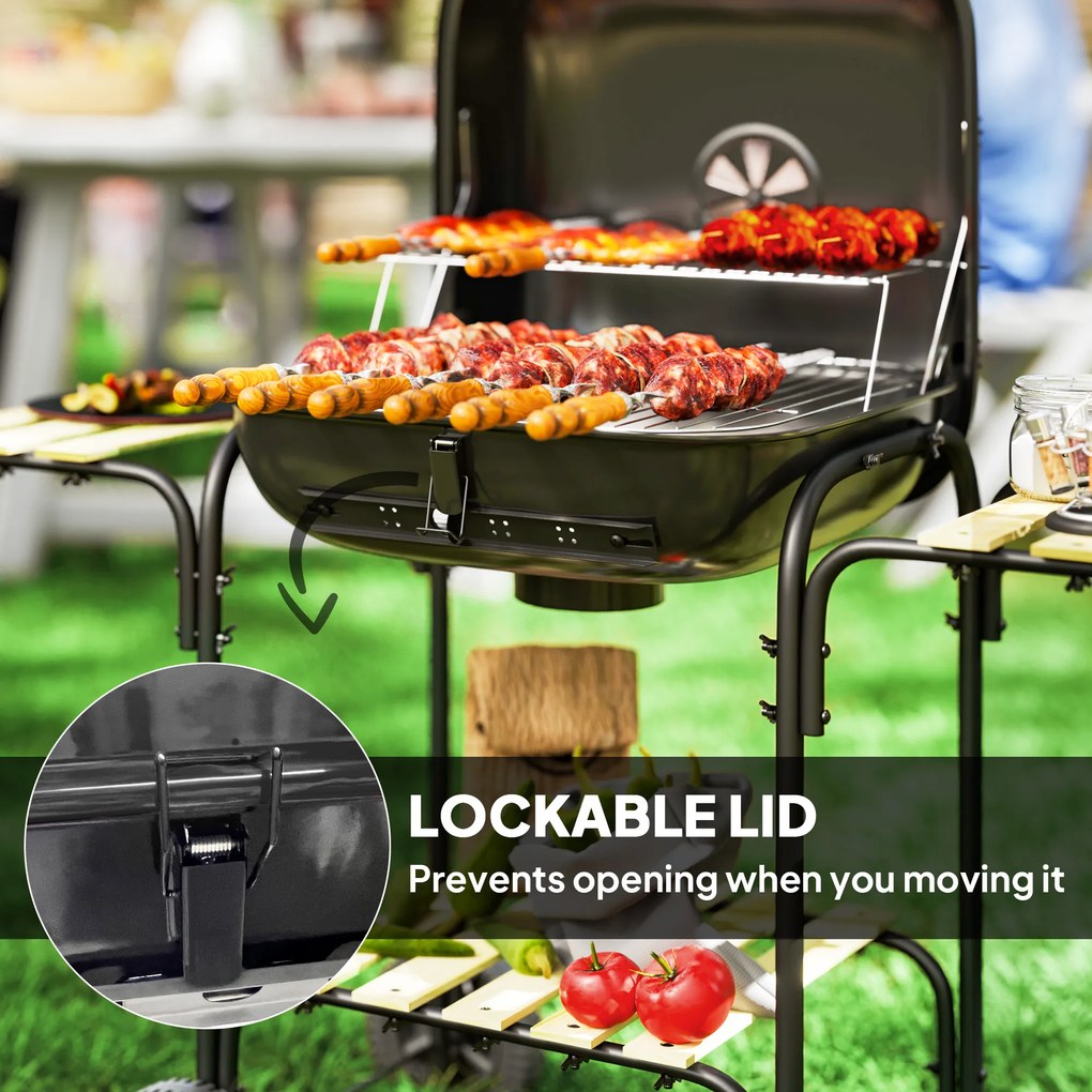 Outsunny Grill węglowy ze stali, przenośny, z zamykaną pokrywą, rusztem, kółkami i półkami, 98 x 54 x 91 cm, czarny | Aosom PL