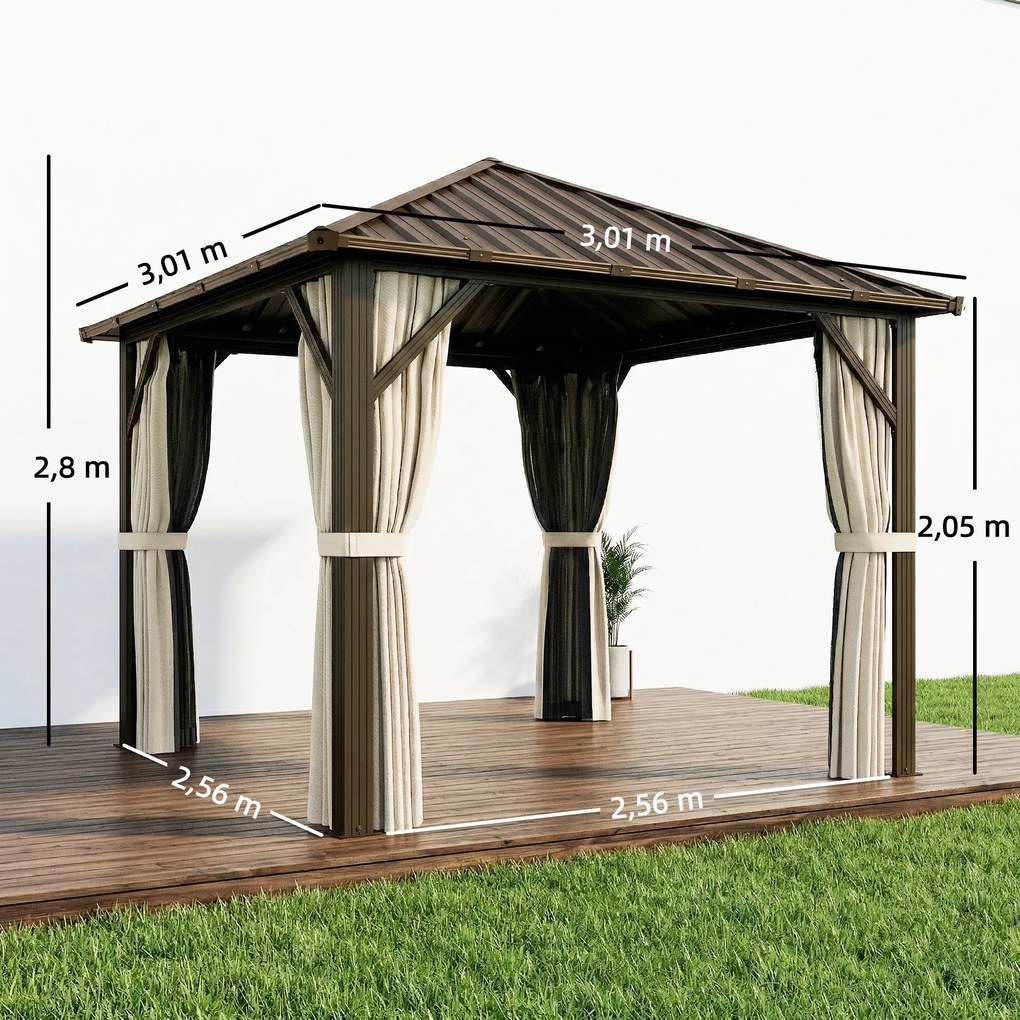 Outsunny Pawilon ogrodowy ok. 3 x 3 m aluminiowy z twardym dachem, moskitierą i 4 ścianami bocznymi, UPF50+ | Aosom PL