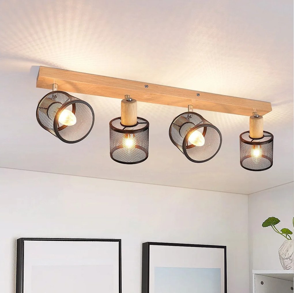 NETTLIFE 4-punktowa lampa sufitowa o wyglądzie drewna w kolorze czarnym - Nowoczesna lampa sufitowa E14 z regulacją kąta 350° i 4 żarówkami o maksymalnej mocy 25 W