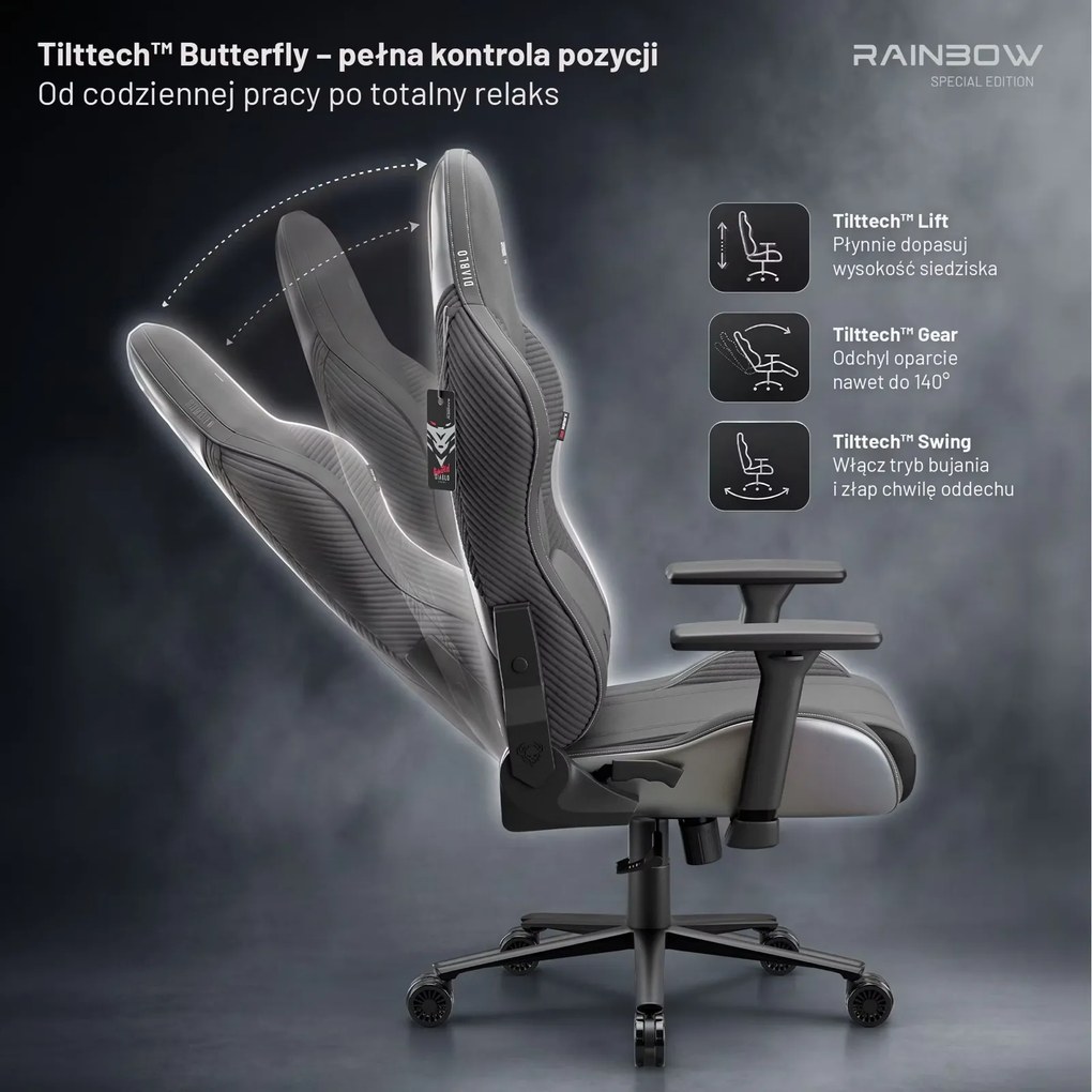 Fotel gamingowy materiałowy Diablo X-Horn 2.0 Normal Size, Rainbow Grey
