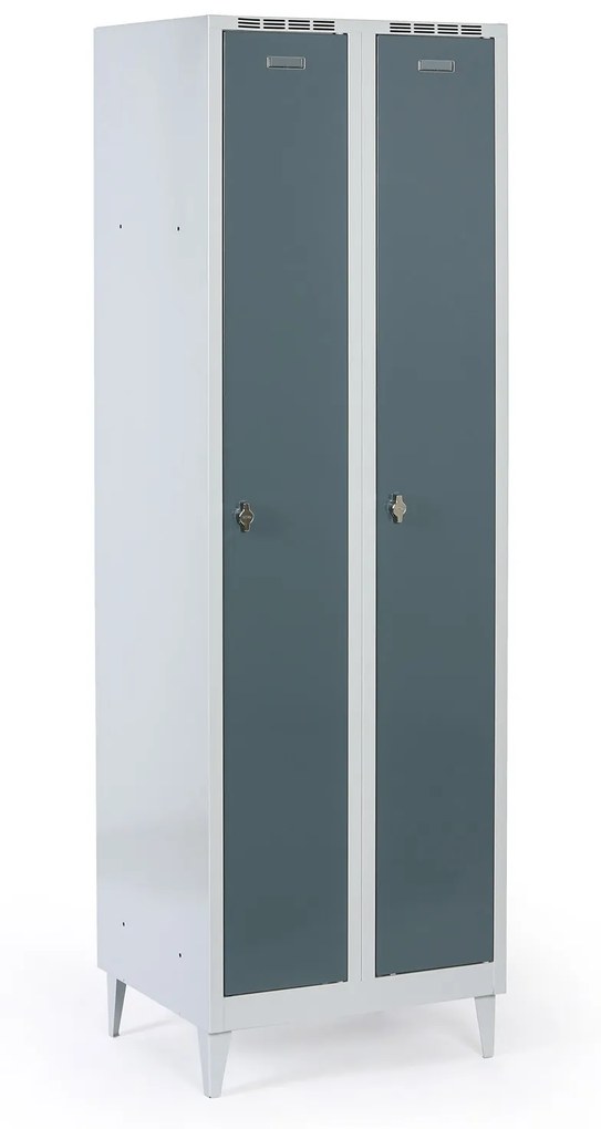 Metalowa szafka ubraniowa na nogach, 2-drzwiowa, 1920 x 600 x 500 mm, zamek obrotowy, drzwi ciemnoszare