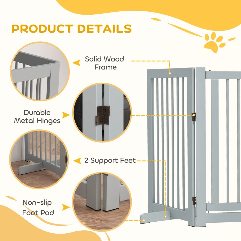 PawHut Bramka Zabezpieczająca dla Psów, Wolnostojąca, Składana, z Drzwiami i Nóżkami, Rama Drewniana, 220x36x91cm, Jasnoszary
