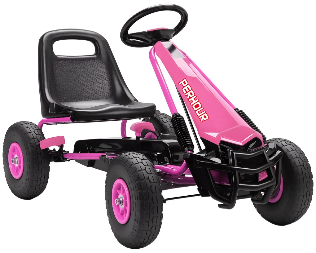 AIYAPLAY Gokart na pedały dla dzieci, regulowane siedzisko, opony EVA, hamulec, sprzęgło, 3-8 lat, różowy