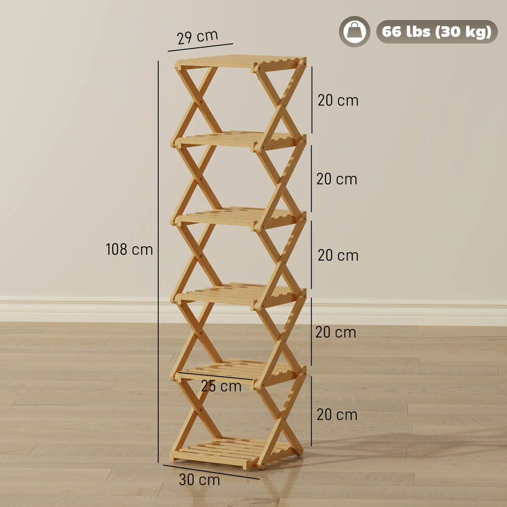 HOMCOM Regał na buty, składany stojak z 6 poziomami z bambusa, dla maks. 9 par butów, 30 x 29 x 108 cm, naturalny | Aosom PL