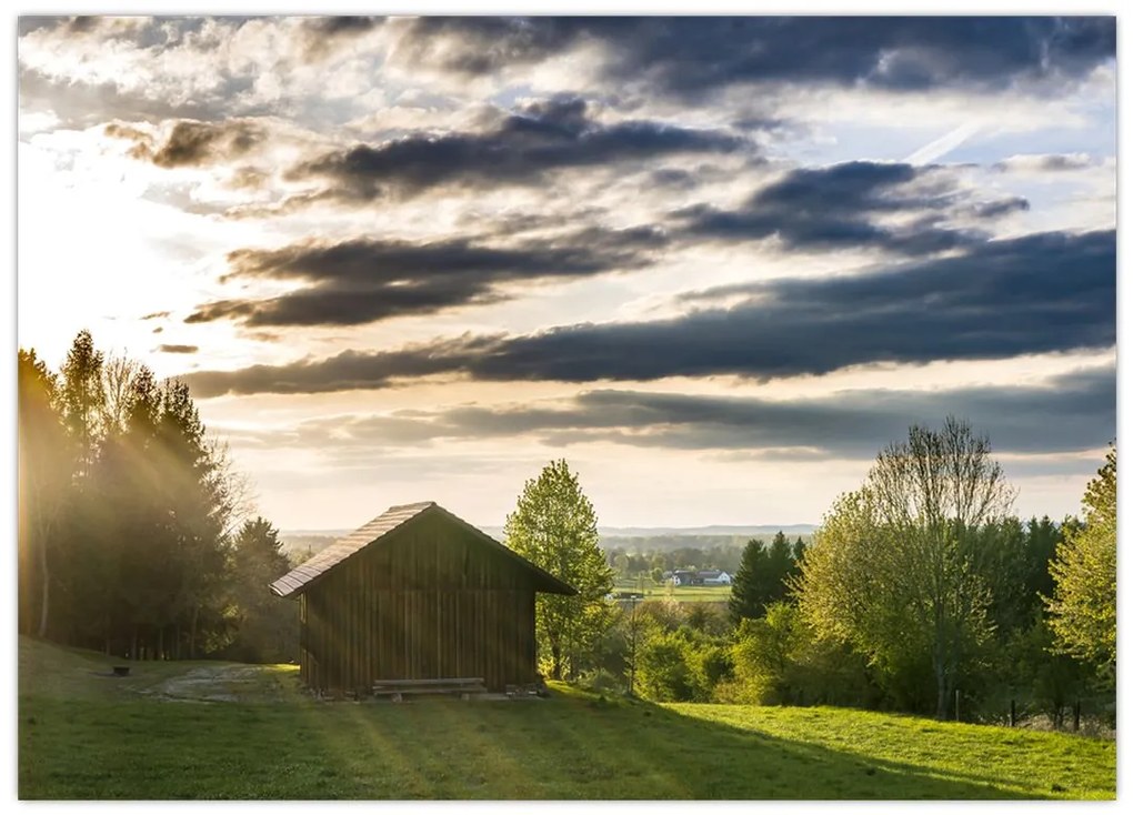 Obraz na szkle - domek na łące (70x50 cm)