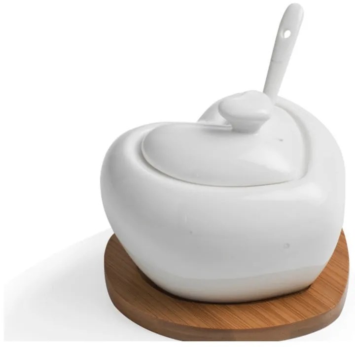 Porcelanowa cukierniczka z łyżeczką i bambusową podstawką Brandani Heart