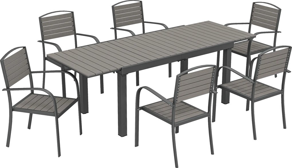 Outsunny Zestaw Mebli Ogrodowych 7-częściowy Z Rozkładanym Stołem i 6 Krzesłami, Design Lameli Drewna, Rama Aluminiowa | Aosom PL